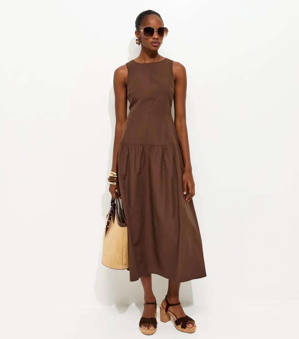 Women's Brown Dropped Waist Midi Dress
