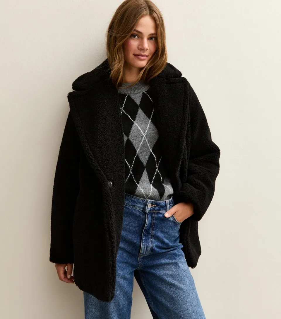 Women's Black Collared Long Sleeve Borg Coat