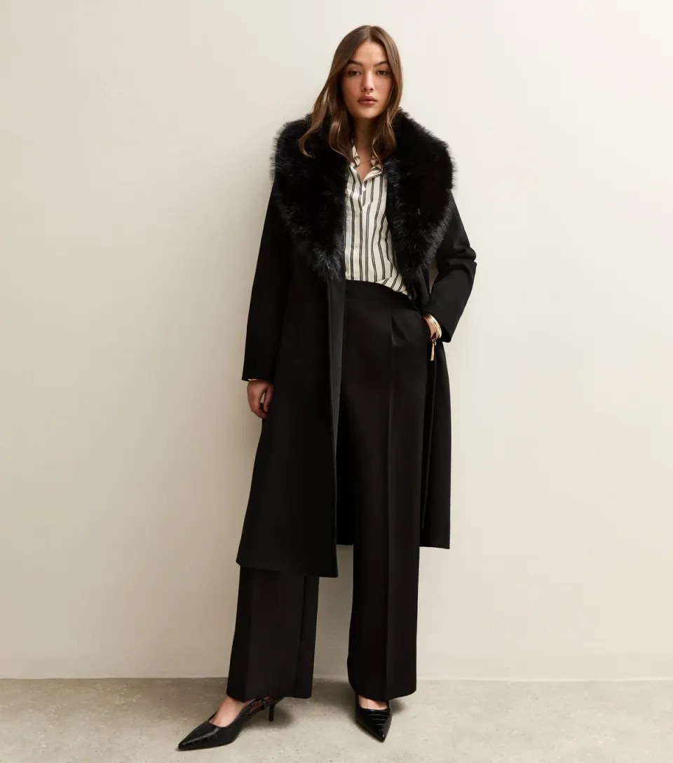 Women's Black Faux Fur Collar Wrap Coat
