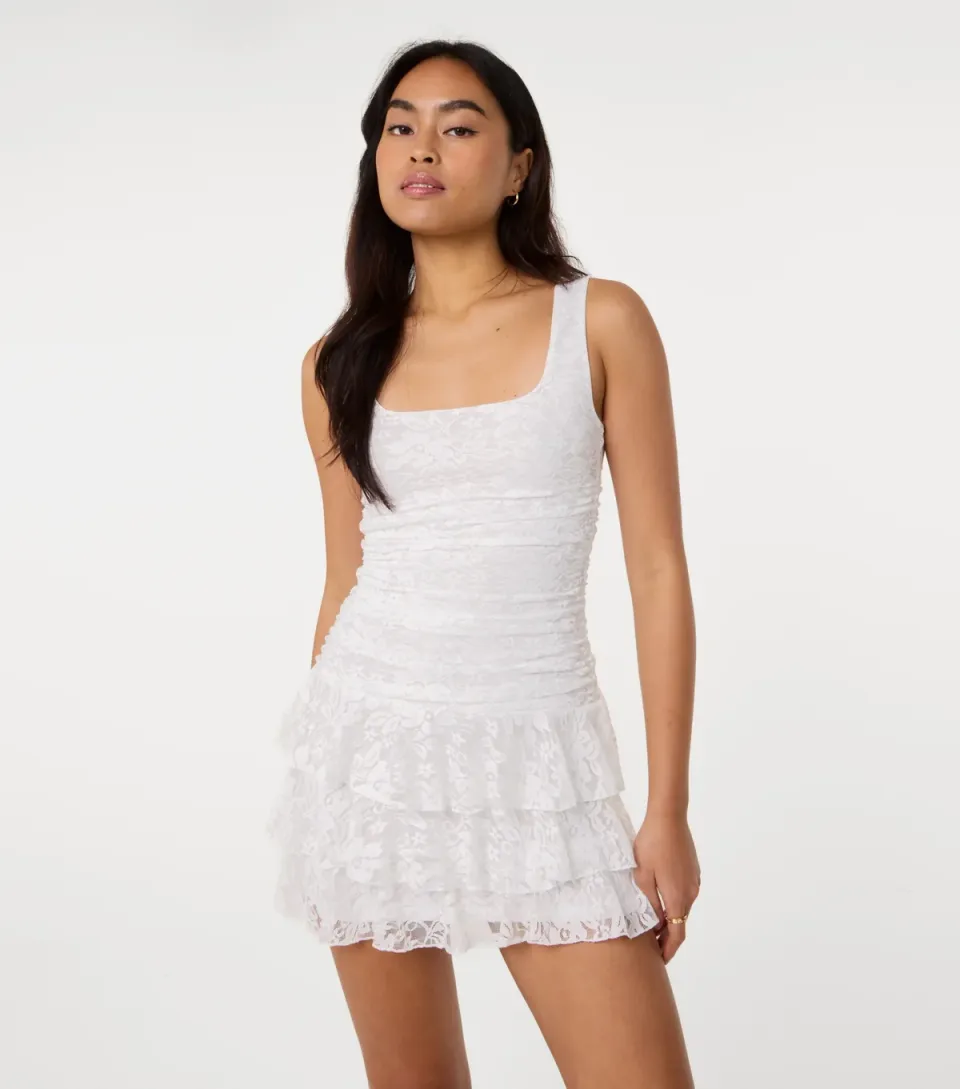 Women's Off White Lace Ruffle Mini Dress