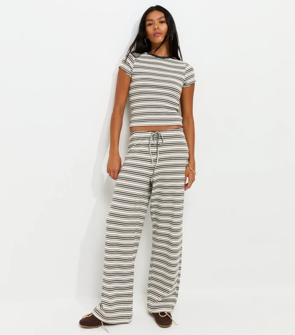 Women's Cream Cotton Rich Striped Wide Leg Jersey Trousers