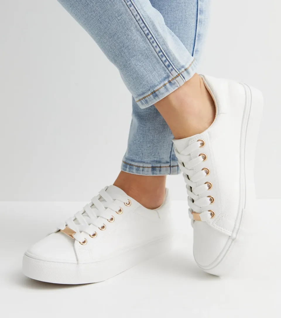 Women's White Leather-Look Metal Trim Lace Up Trainers Vegan