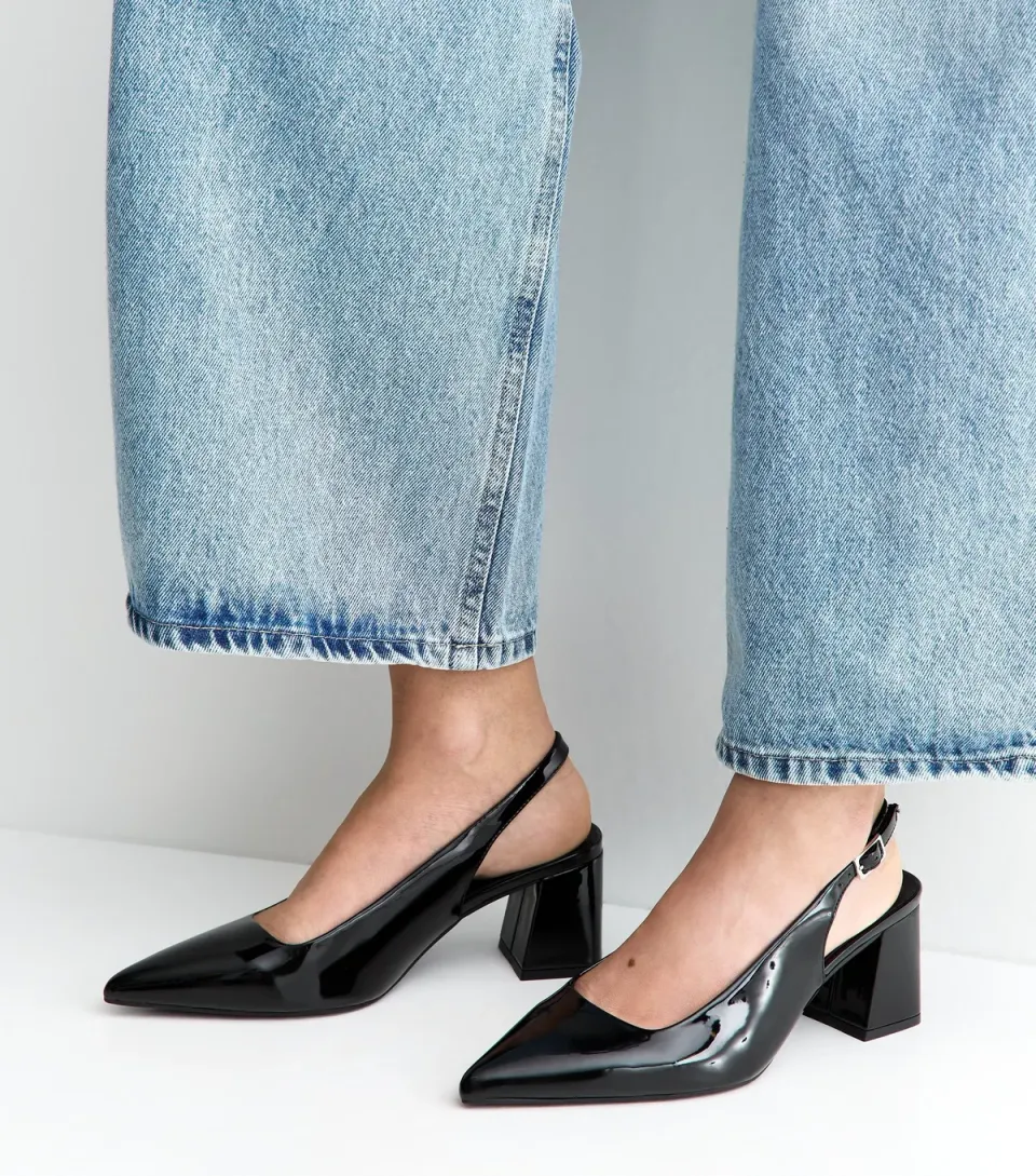 Women's Wide Fit Black Faux Patent Leather Slingback Pumps Vegan