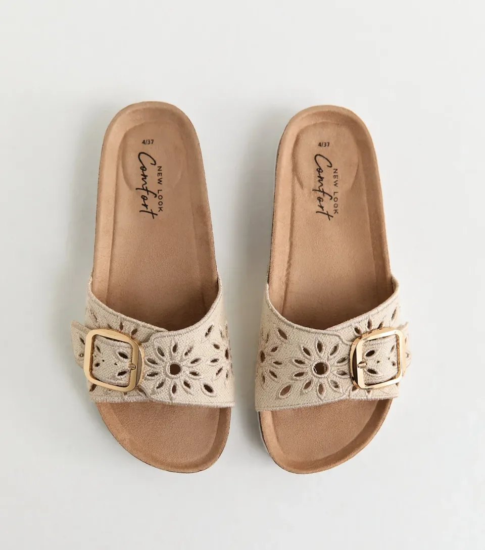 Women's Off White Floral Embroidered Flat Mule Sandals Vegan