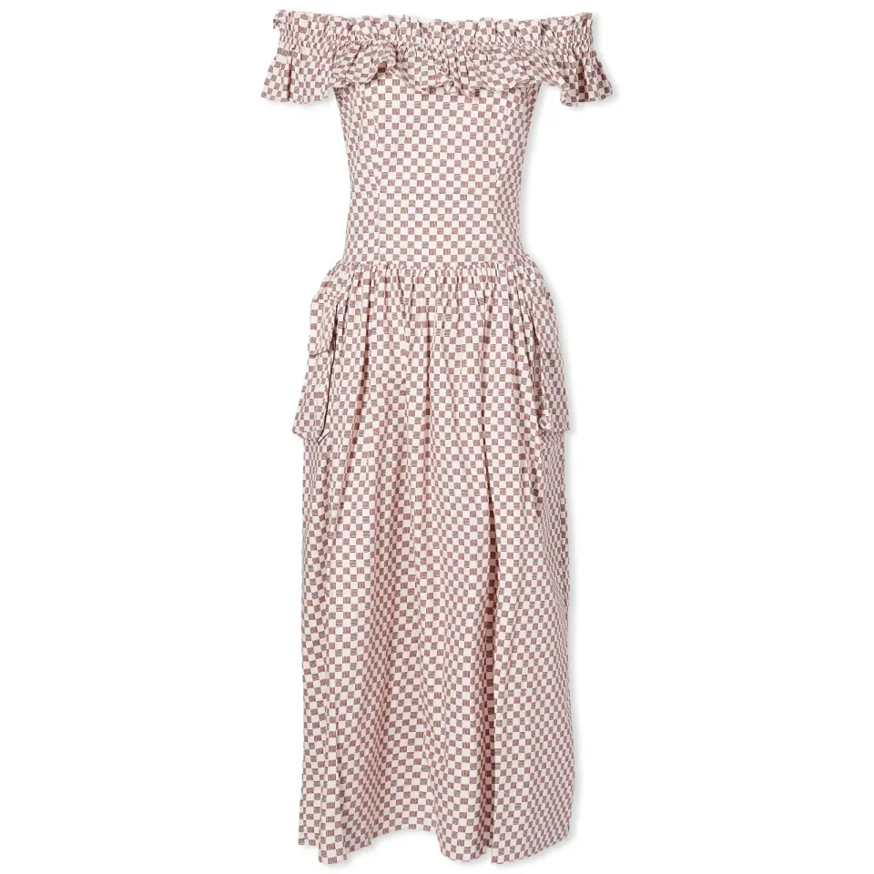 Off Shoulder Frill Pocket Check Midi Dress