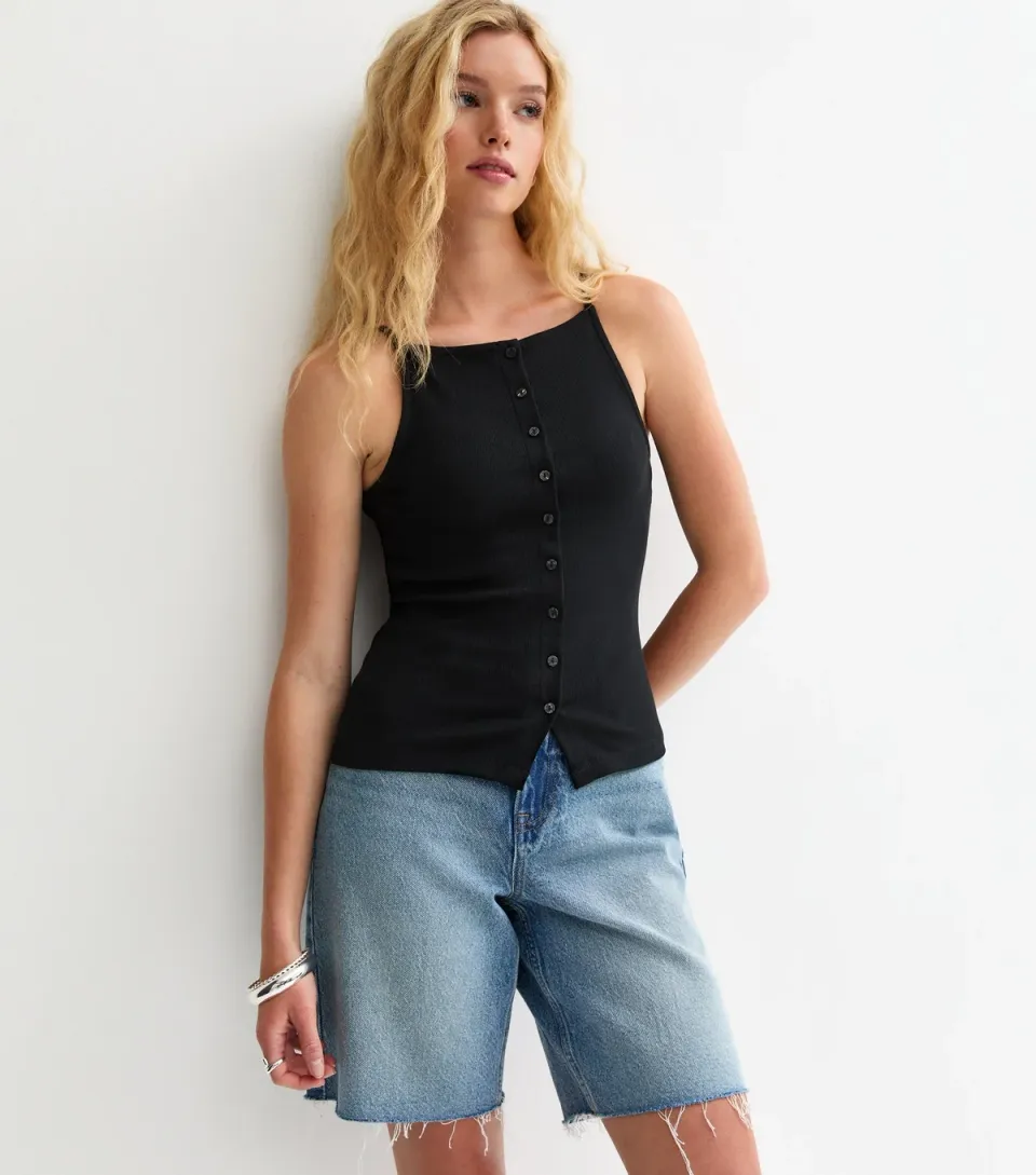 Women's Black Ribbed Jersey Button Through Cami Top