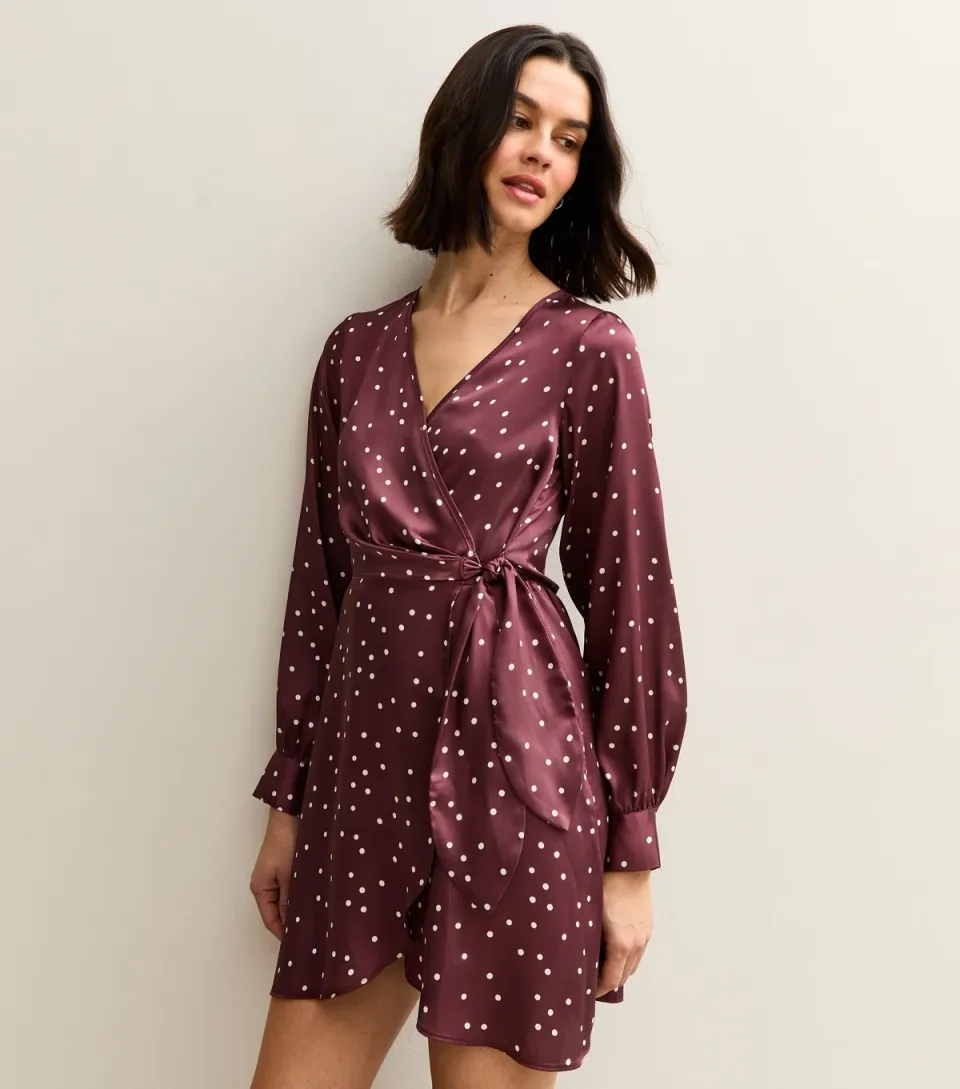 Women's Red Spot Print Satin Wrap Mini Dress