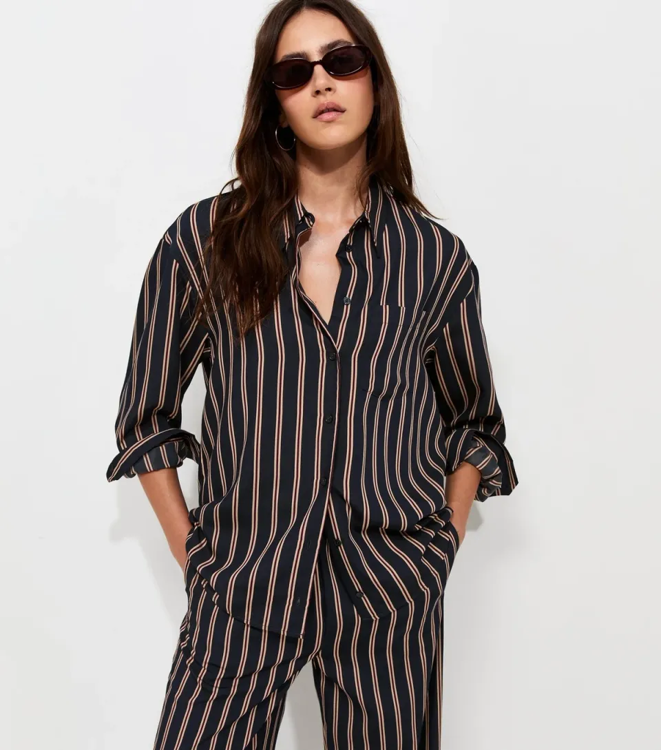 Women's Blue Woven Striped Oversize Shirt