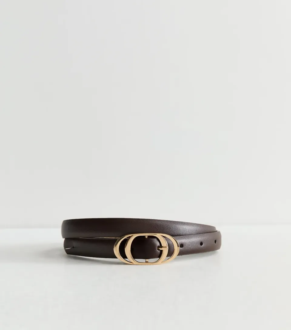 Dark Brown Faux Leather Oval Buckle Skinny Belt