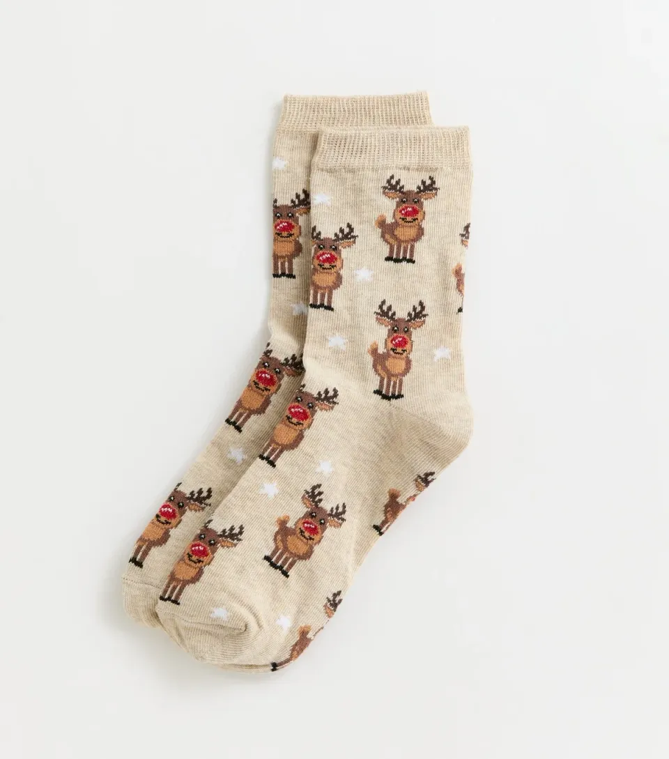 Oatmeal Christmas Reindeer Pattern Ankle Socks