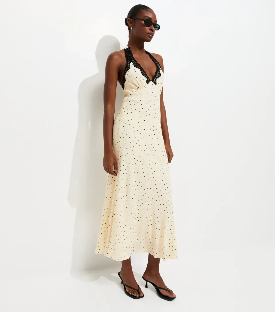 Women's Cream Polka Dot Lace Trim Halter Neck Midi Dress