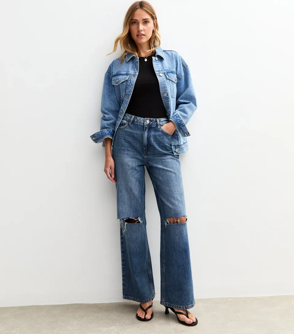 Women's Blue Ripped Knee Adalae Wide Leg Jeans