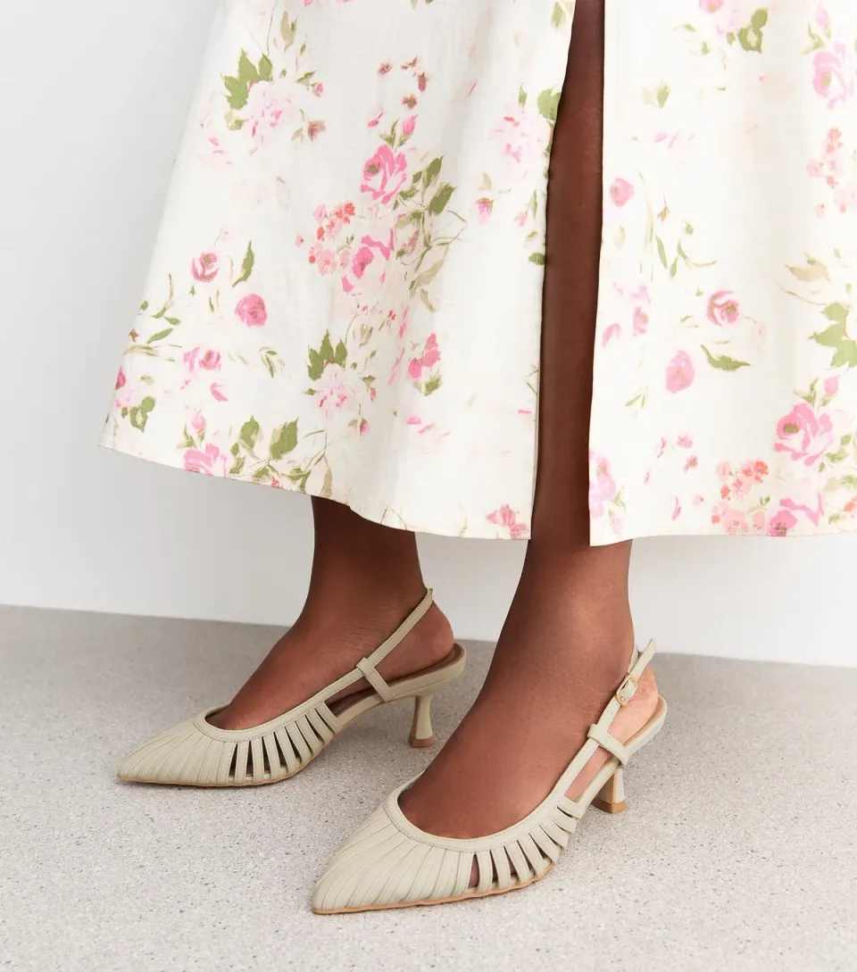 Women's Wide Fit Off White Strap Detail Slingback Court Shoes Vegan