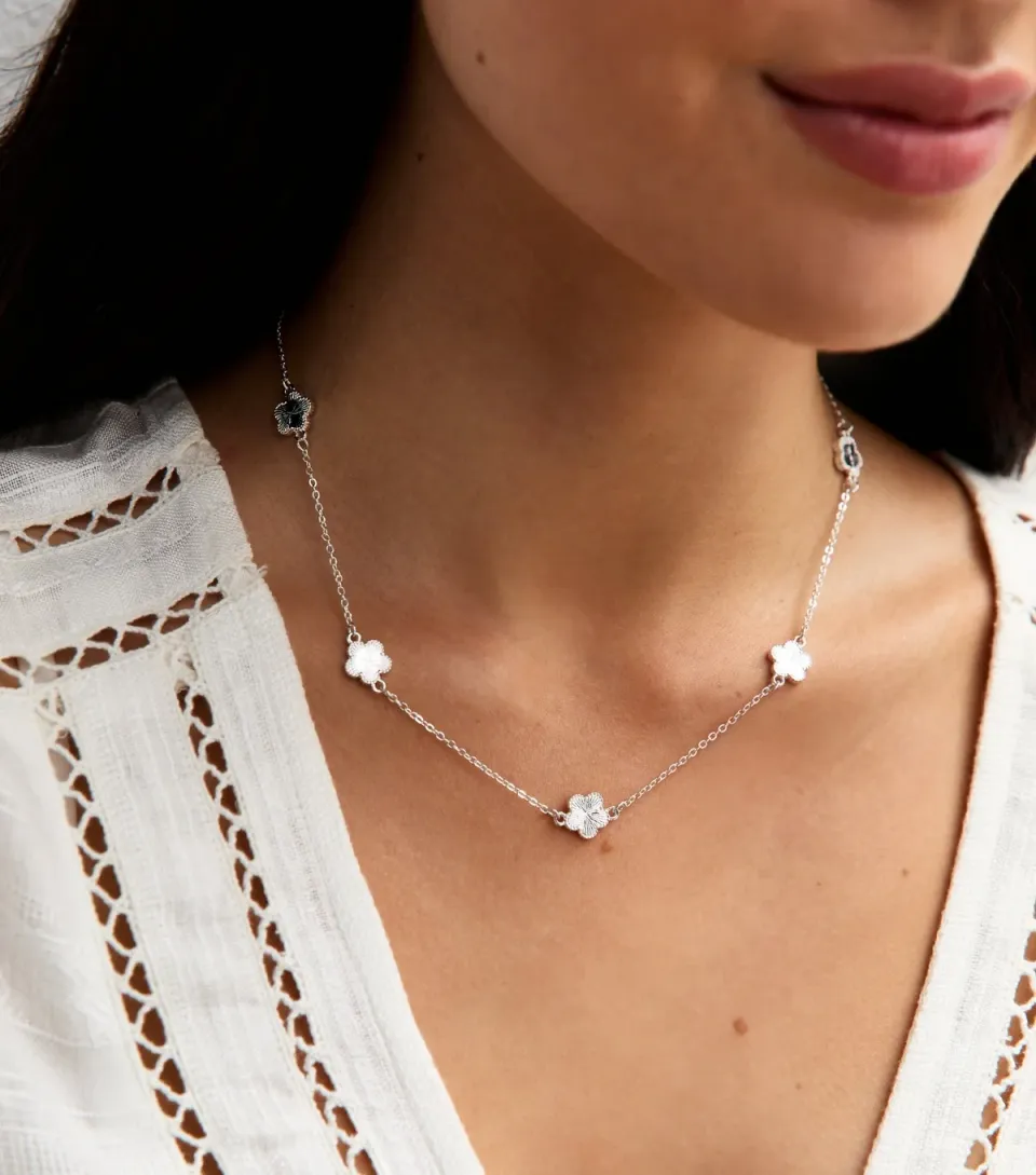 Silver Tone Textured Flower Charm Necklace