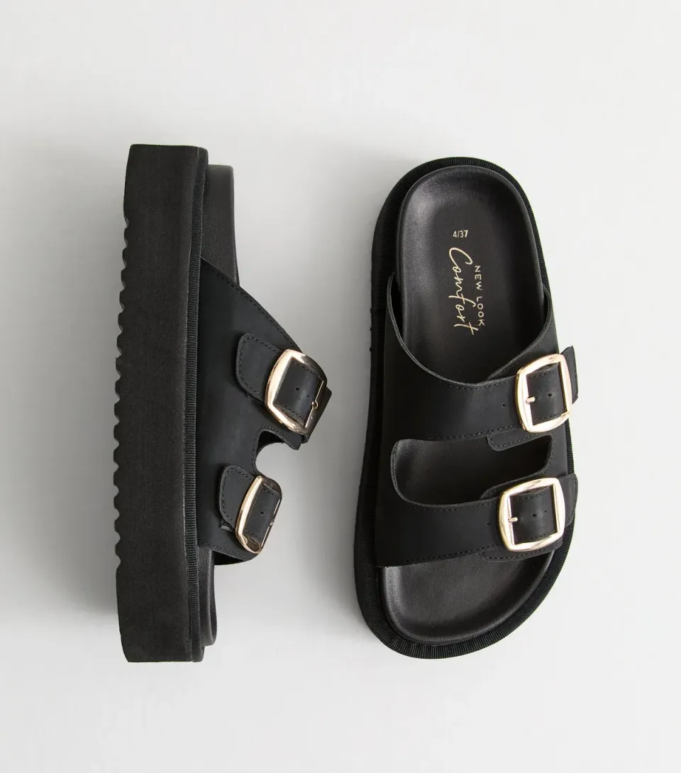Women's Black Faux Leather Flatform Sandals Vegan