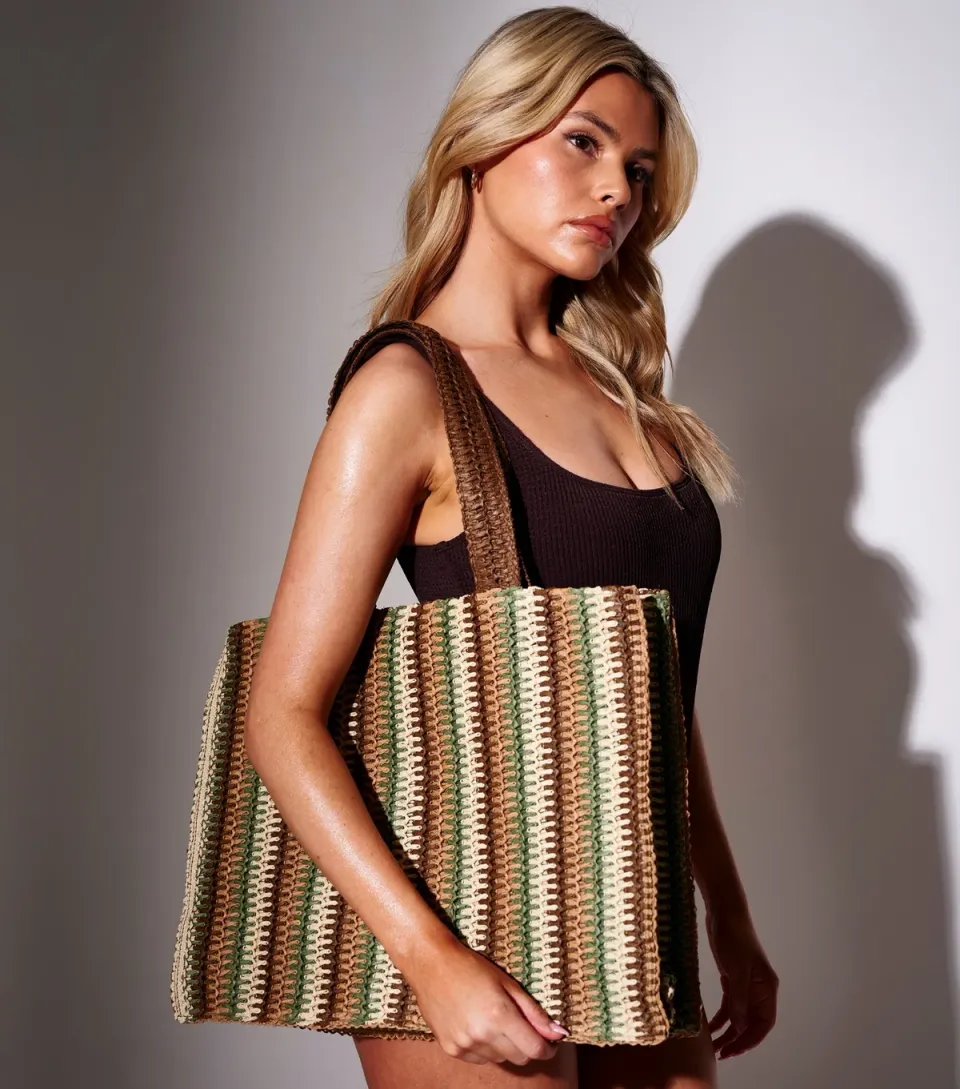 Brown Straw Stripe Tote Bag