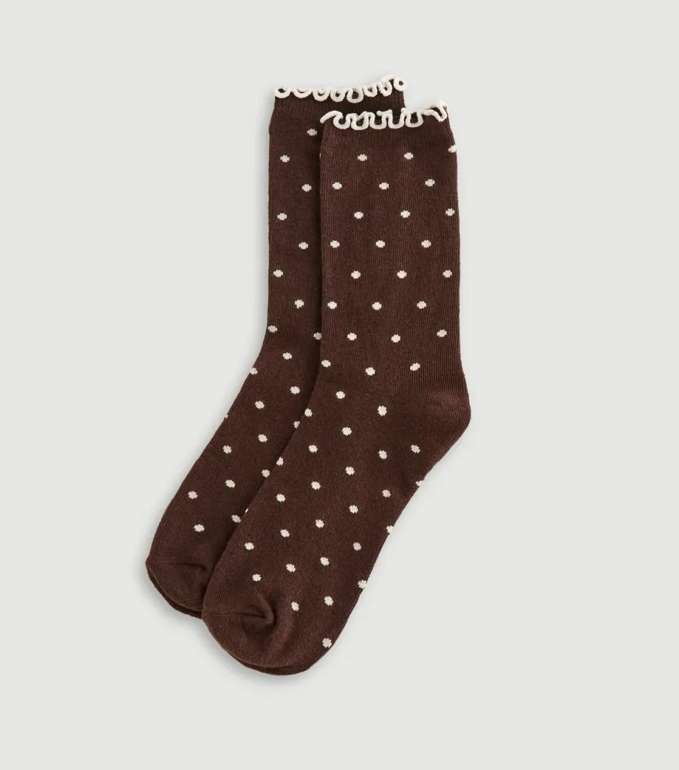 Brown and Cream Polka Dot Frill Trim Socks