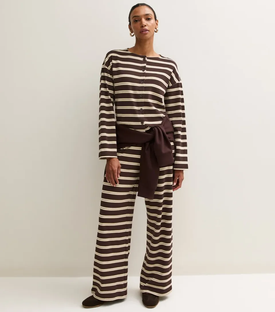 Women's Brown Cotton Rich Striped Wide Leg Trousers