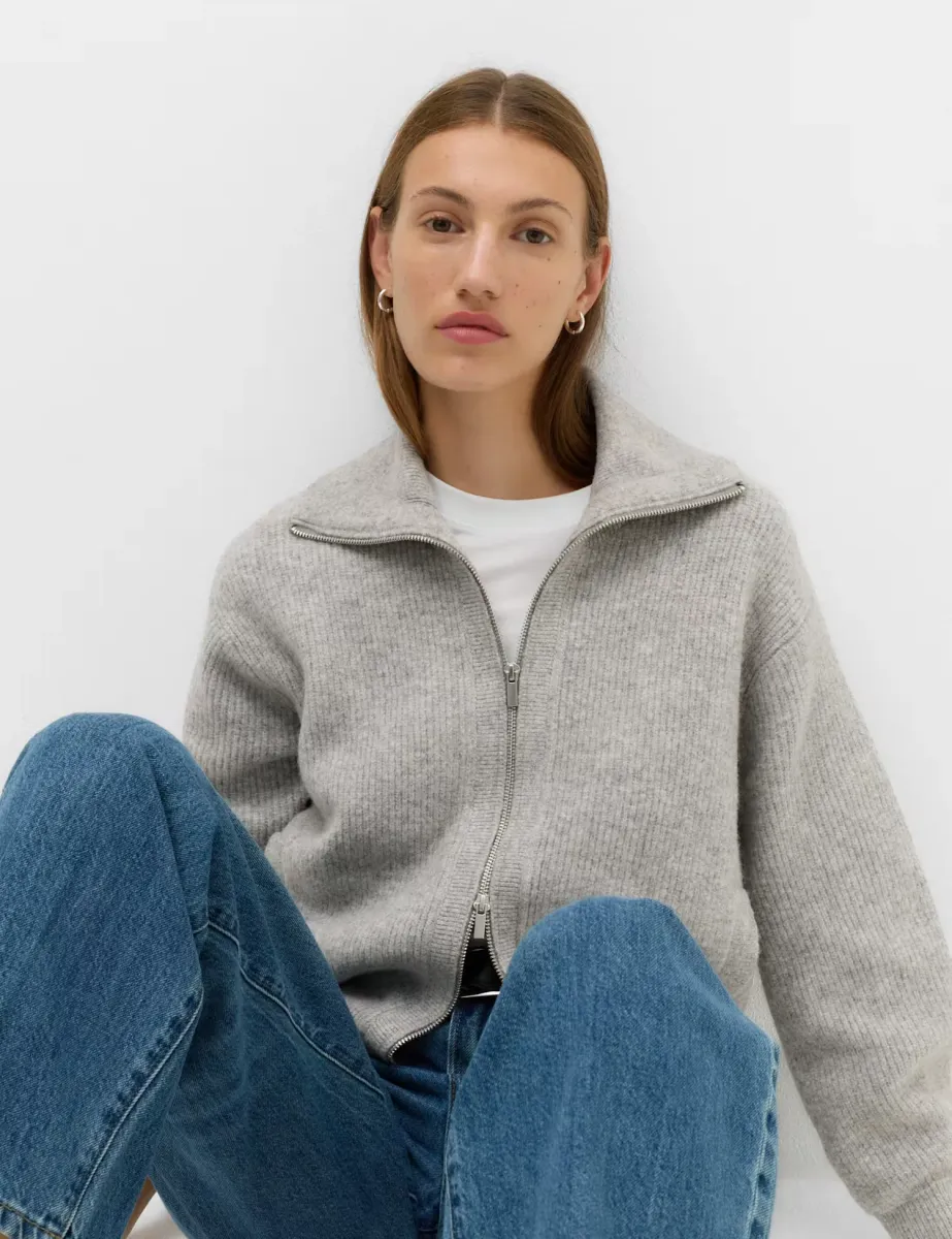 Textured Funnel Neck Relaxed Cardigan With Wool Mid Grey Marl