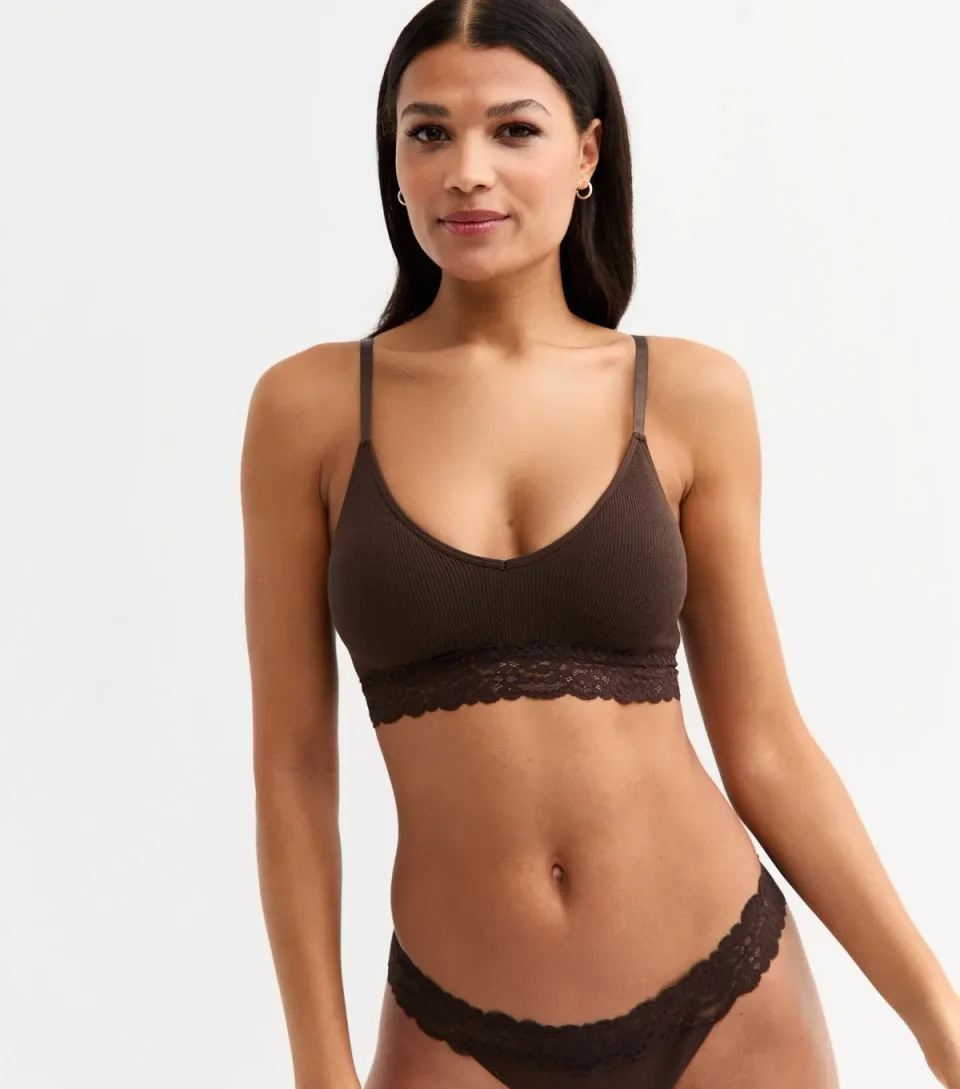 Women's Brown Ribbed Seamless Lace Trim Bralette