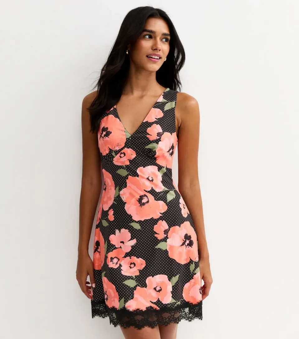 Women's Black Polka Dot Floral V-neck Lace Trim Mini Dress
