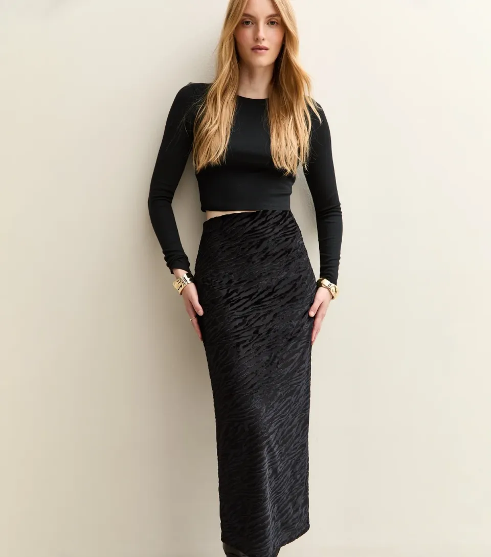 Women's Black Zebra Devore Midi Skirt
