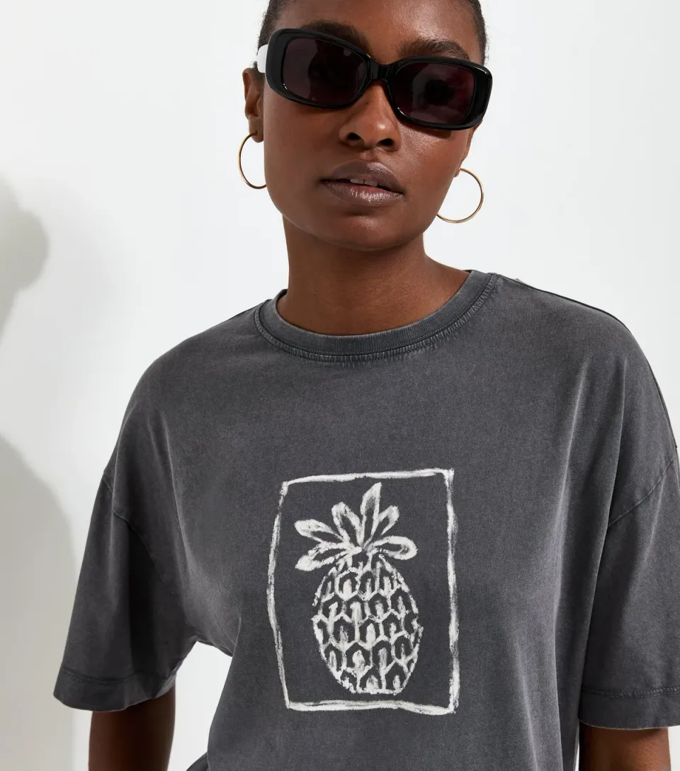 Women's Dark Grey Cotton Pineapple Acid Wash Oversized T-Shirt