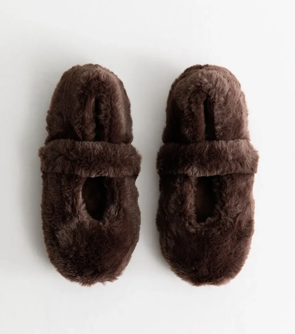 Women's Dark Brown Faux Fur Mary Jane Ballet Slippers Vegan