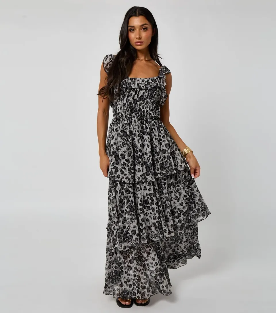 Women's Black Tiered Ruffle Midaxi Dress