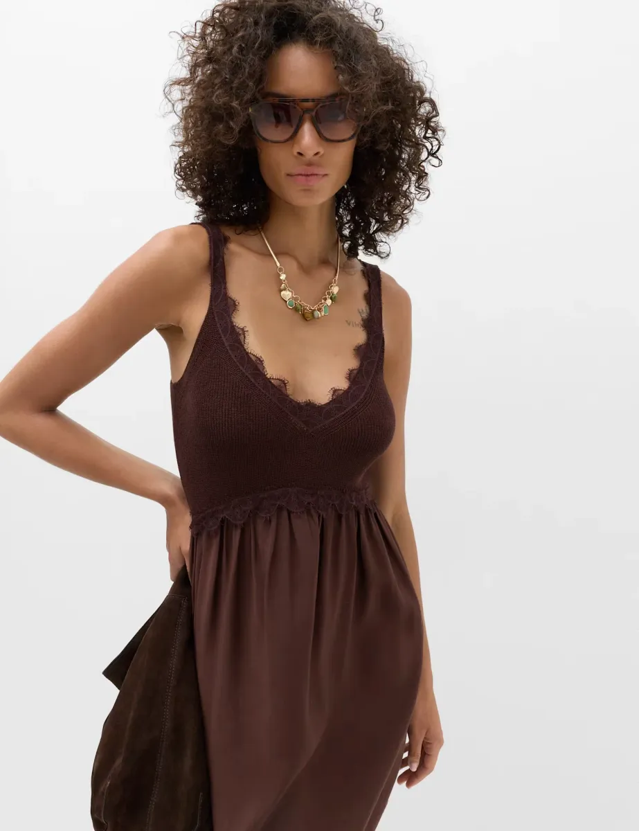 Textured Lace Detail Mini Knitted Dress Chocolate