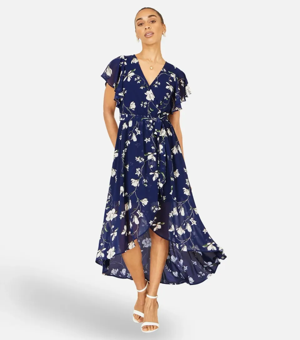 Women's Navy Floral Print Wrap Midi Dress