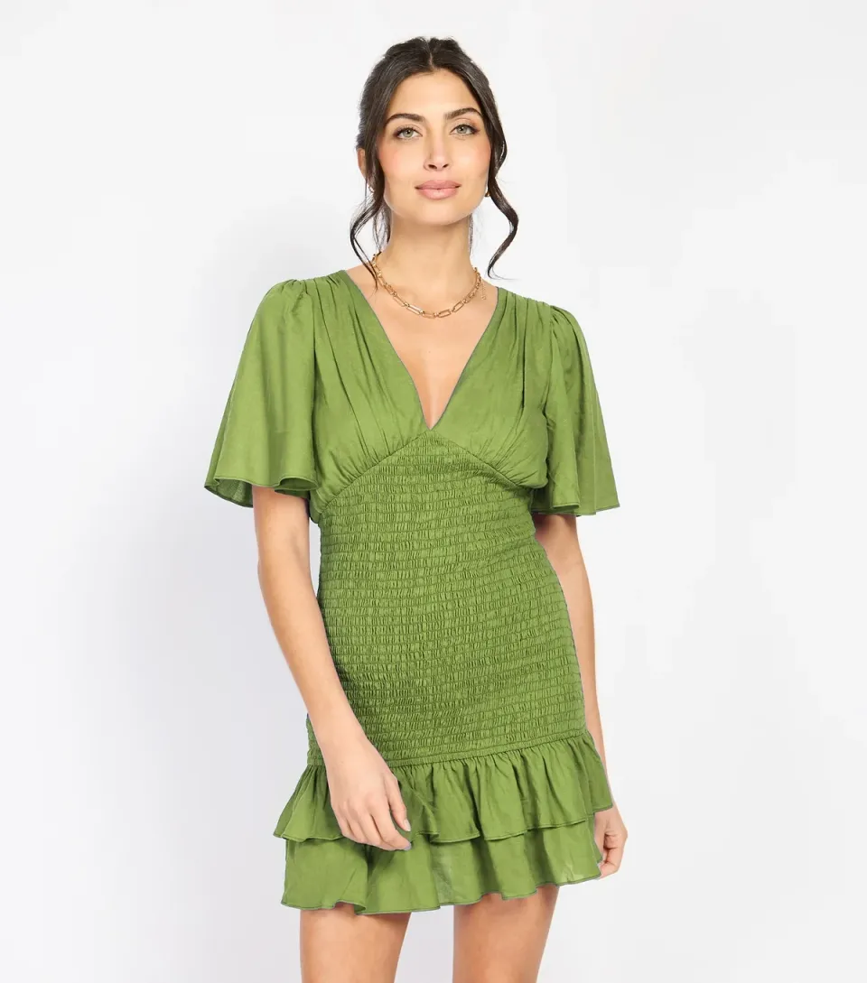 Women's Green Shirred Frilly Hem Mini Dress