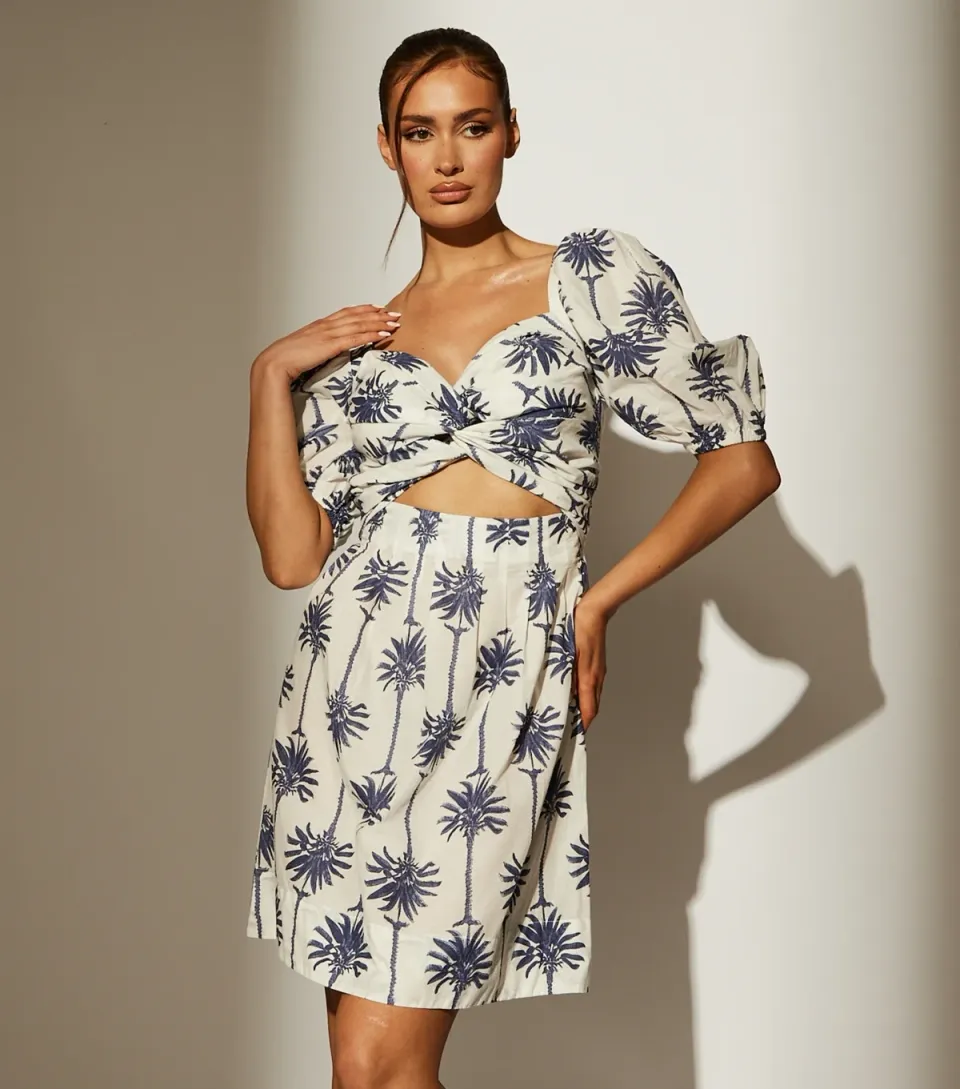 Women's Blue Palm Tree Print Puff Sleeve Mini Dress