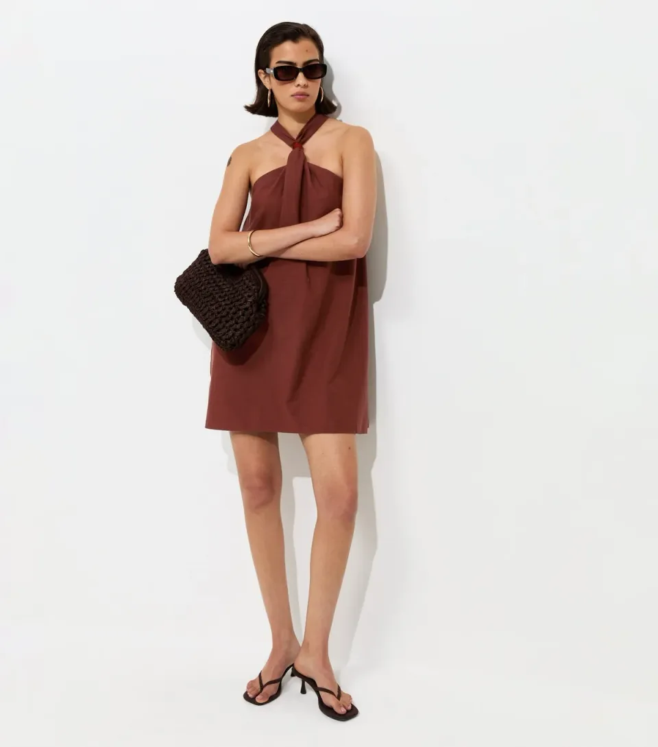 Women's Dark Brown Cotton Rich Bead Halter Neck Mini Dress