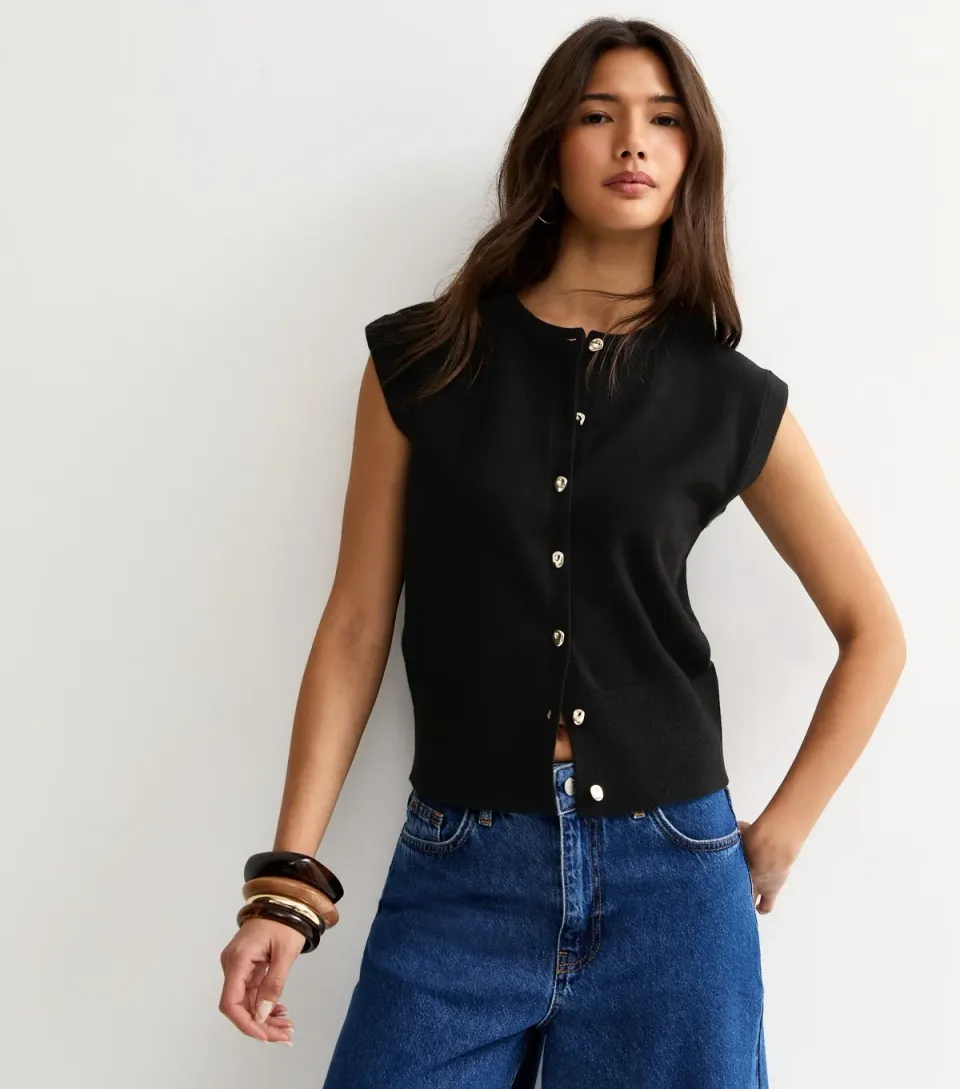 Women's Black Knit Abstract Button Waistcoat