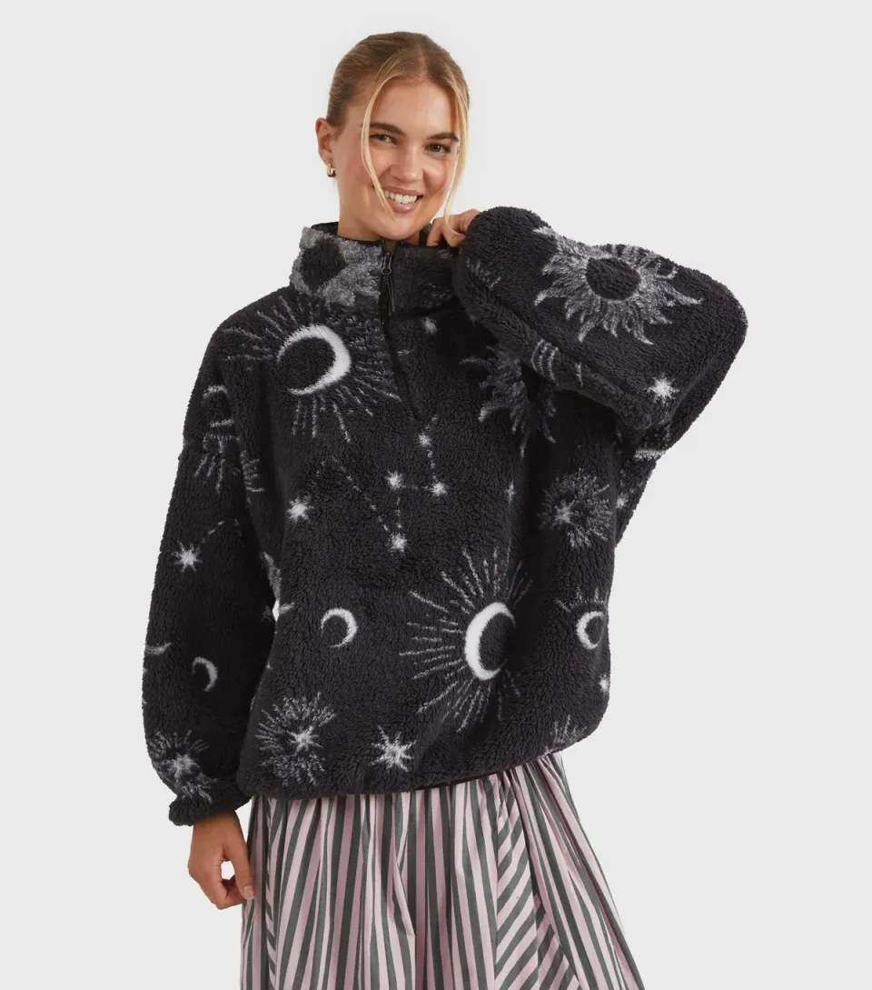 Women's Black Celestial Pattern Fleece Sweatshirt