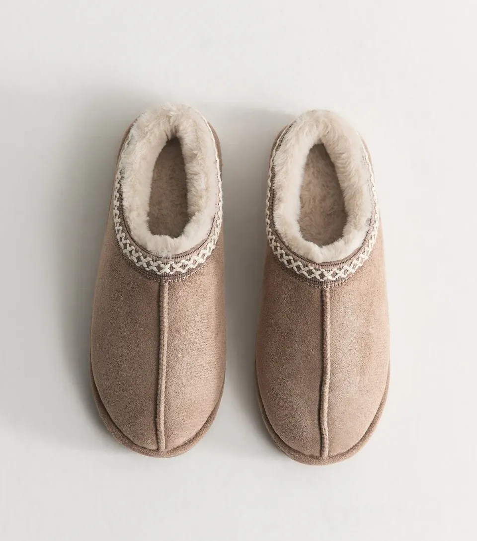Women's Light Brown Faux Suede Lace Trim Slipper Boots