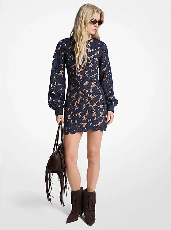 Paisley Lace Blouson-Sleeve Dress