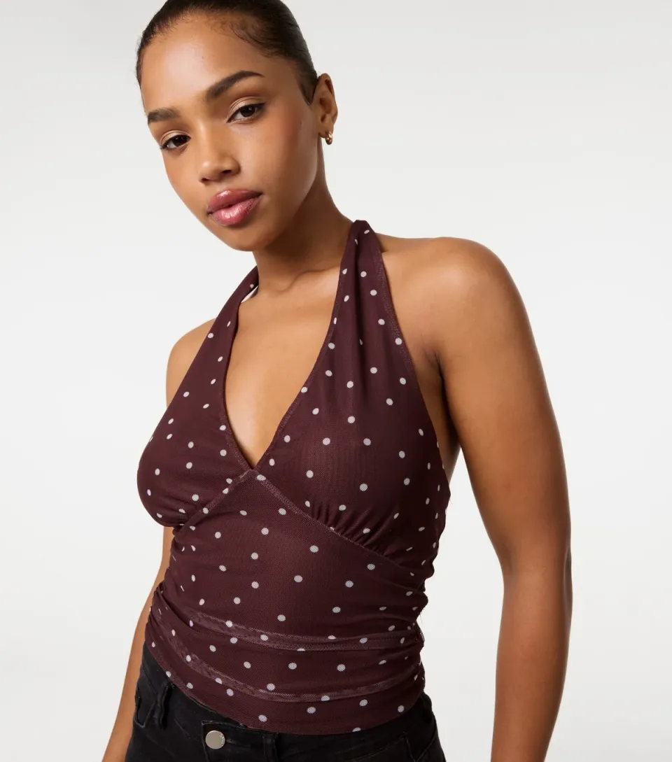 Women's Dark Brown Polka Dot Halter Neck Top