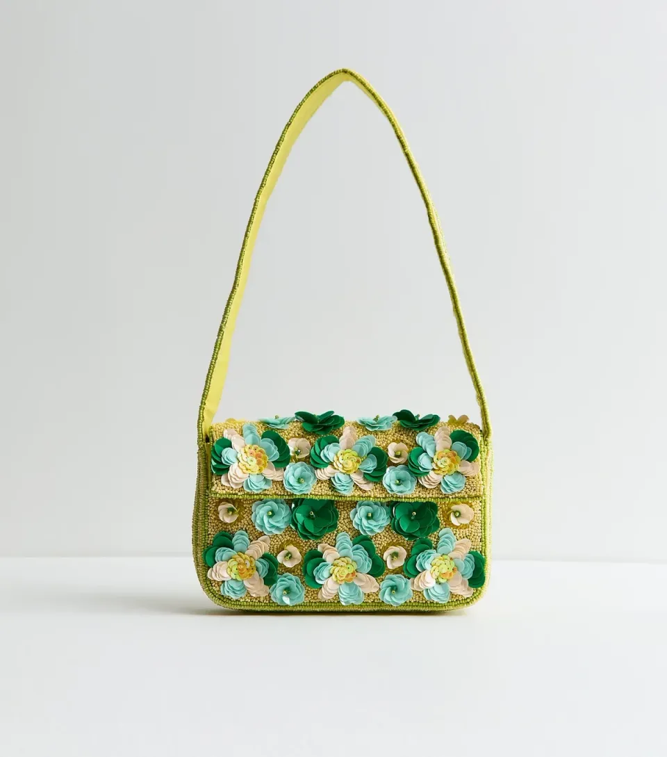 Green Beaded Sequin Flower Shoulder Bag