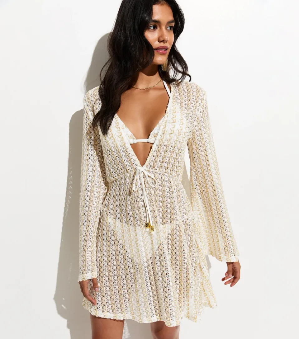 Women's Gold Semi Sheer Lace Beach Kaftan Dress