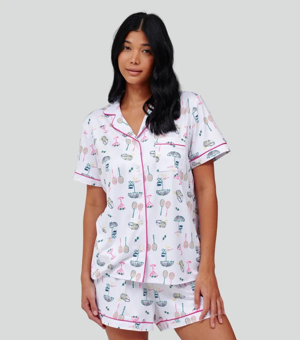 Women's White Tennis Print Short Sleeve Pyjama Set