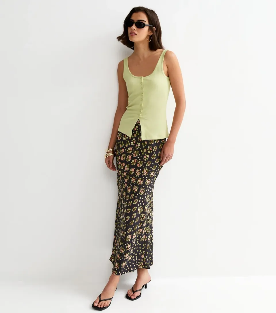 Women's Black Floral Bias Cut Midi Skirt