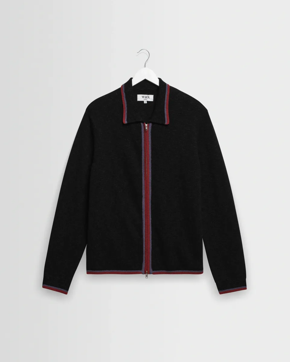 Lennox - Black and Maroon Long-Sleeve Knitted Zip Polo