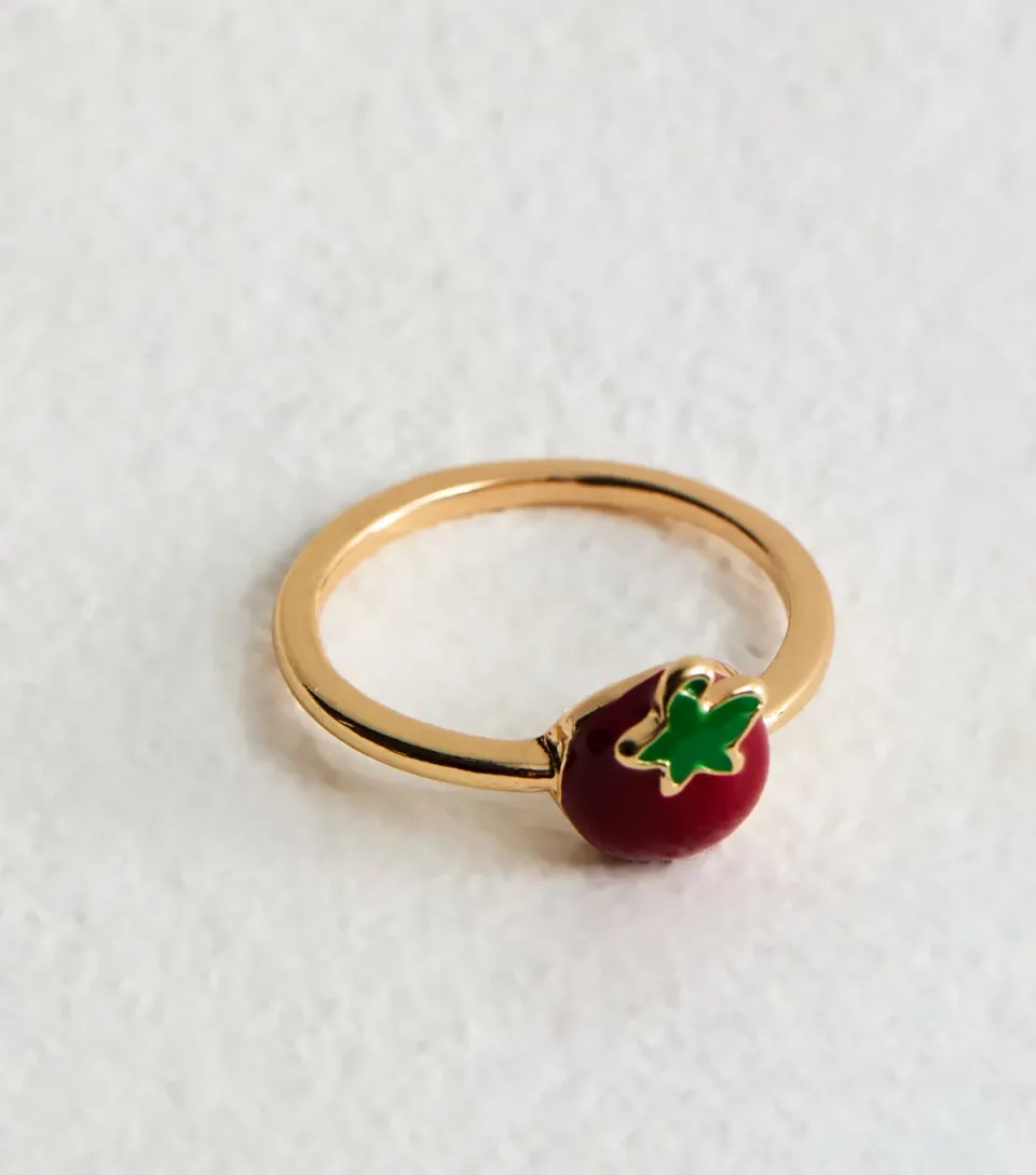 Gold Tone Red Resin Tomato Ring
