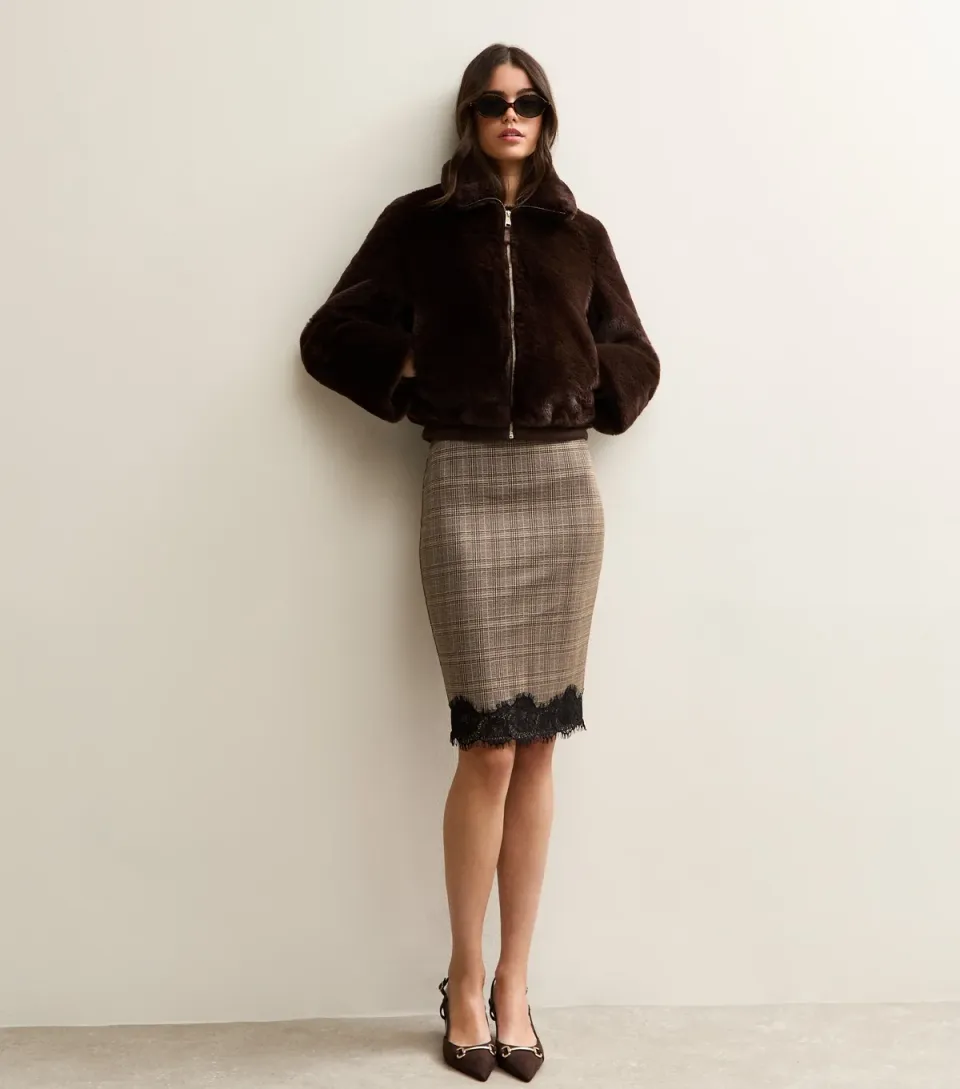 Women's Brown Check Lace Hem Midi Skirt