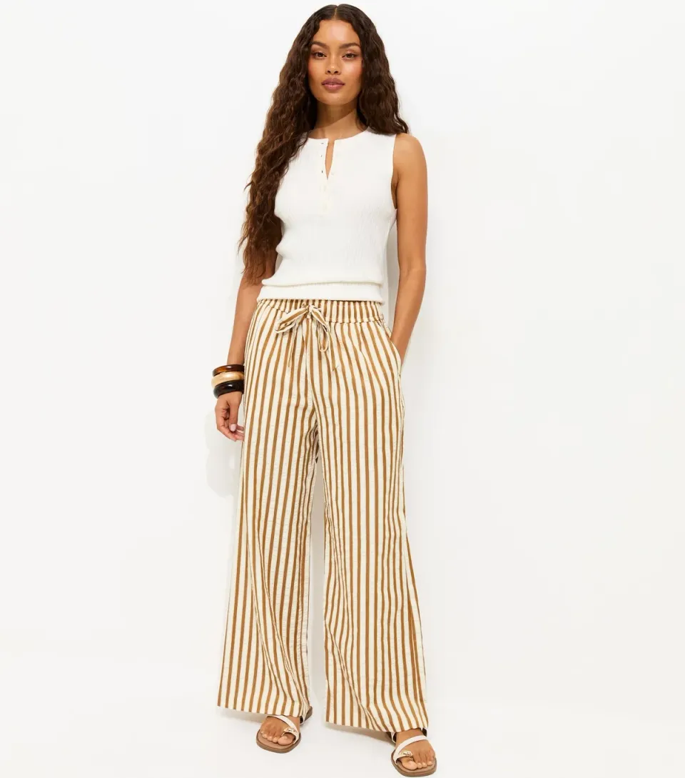 Women's Petite Yellow Striped Drawstring Wide Leg Trousers