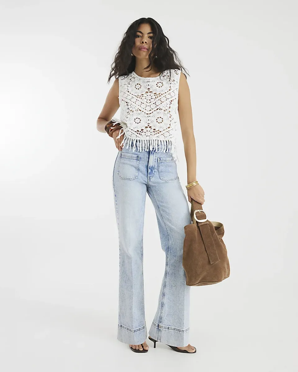 High Waisted Front Pocket Wide Leg Jeans
