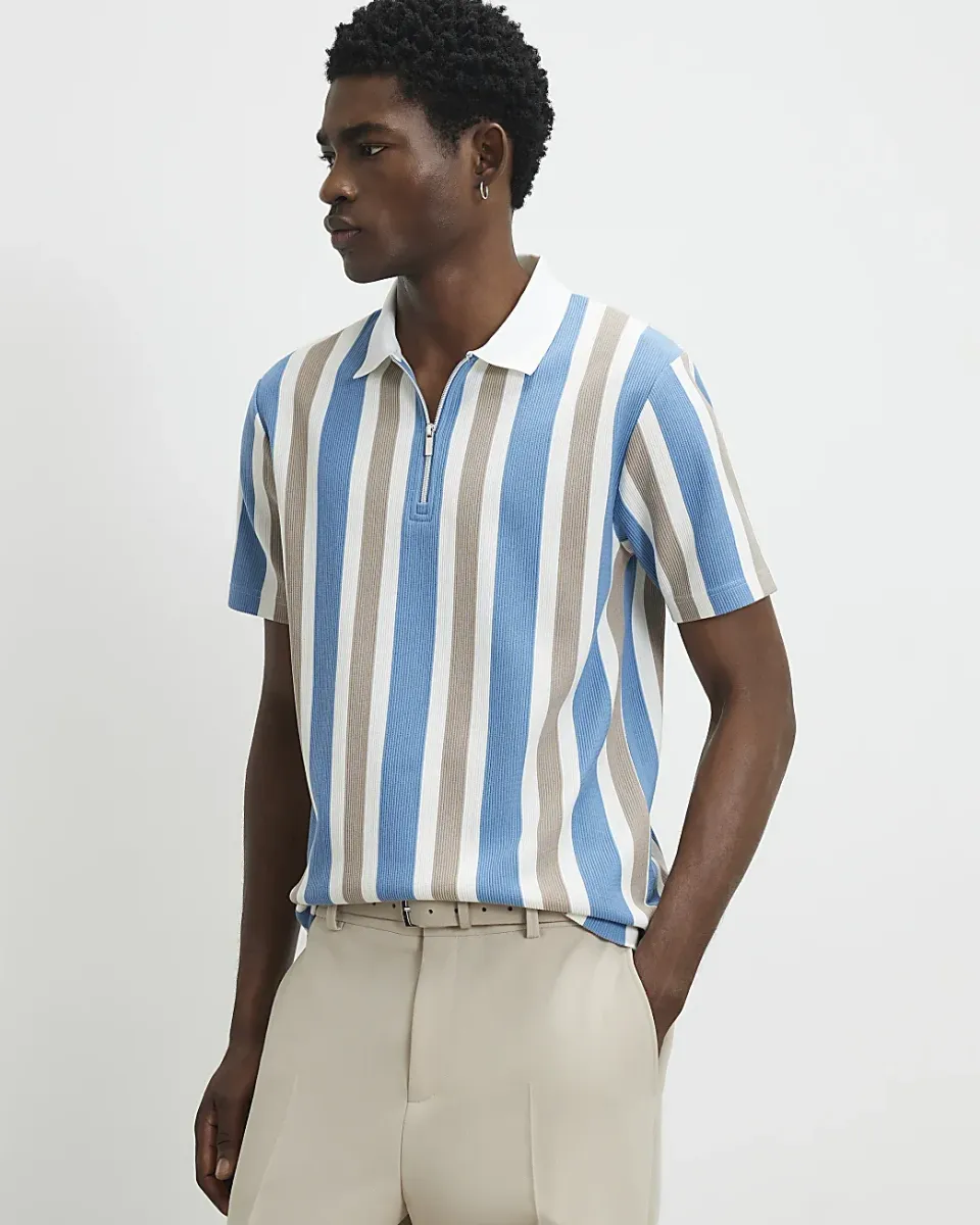 Slim Fit Stripe Zip Textured Polo Shirt