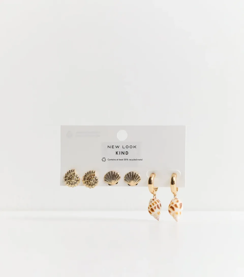 Pack of 3 Gold Tone Shell Stud and Hoop Earrings